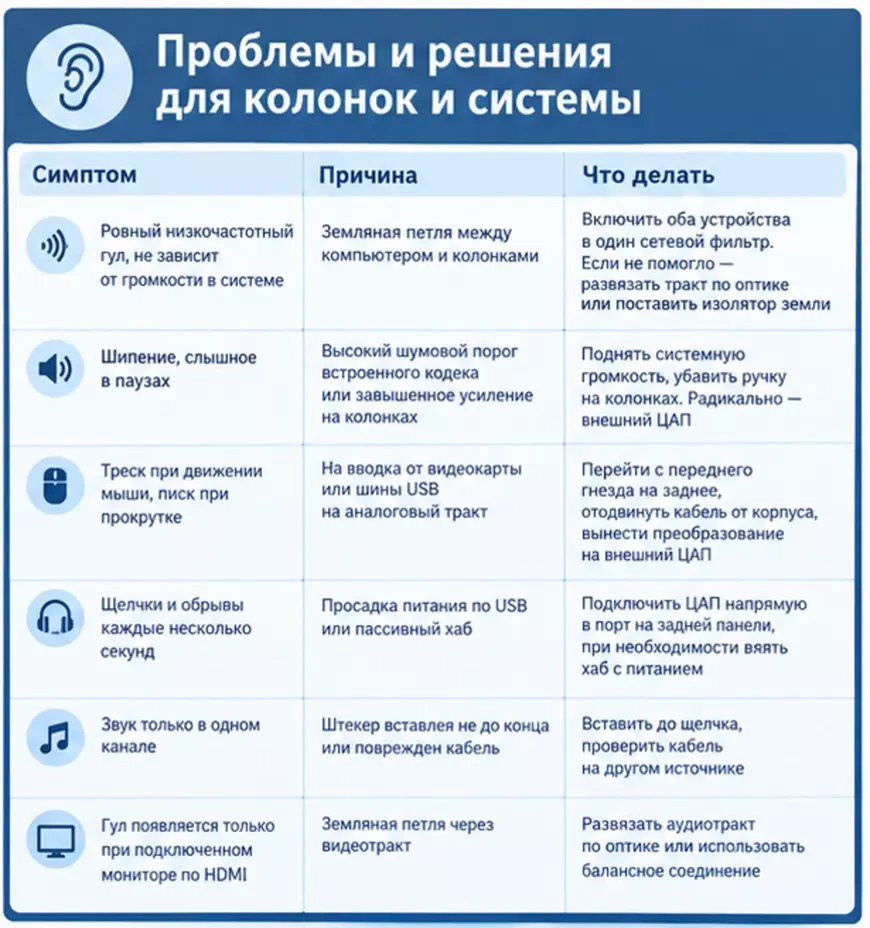 Проблемы и решения для колонок и системы