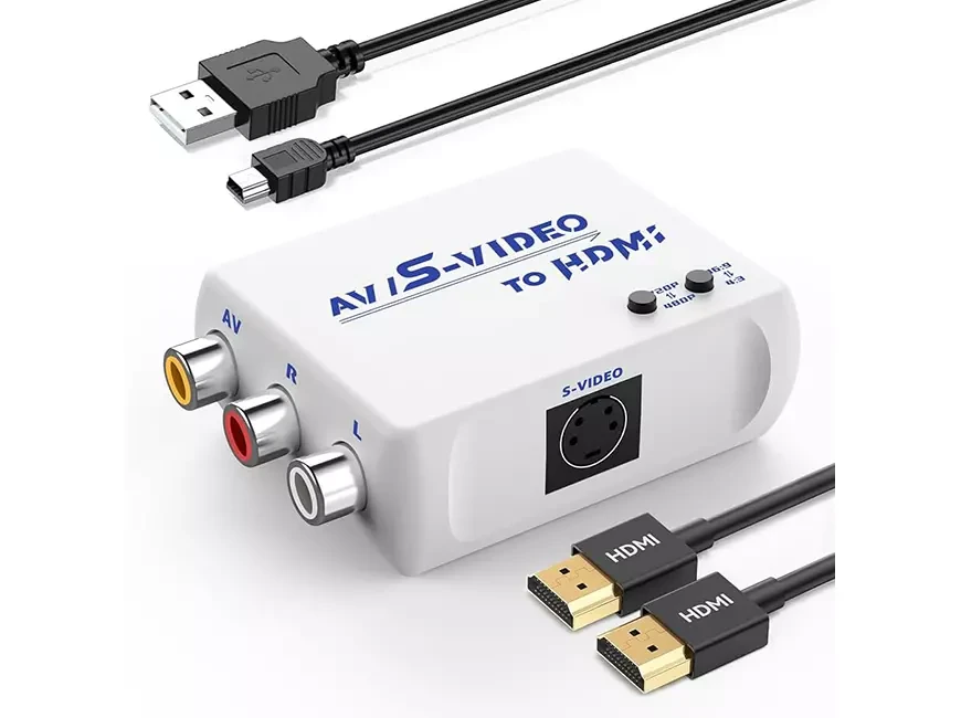 Конвертер аналогового видеосигнала в HDMI с подключенными кабелями