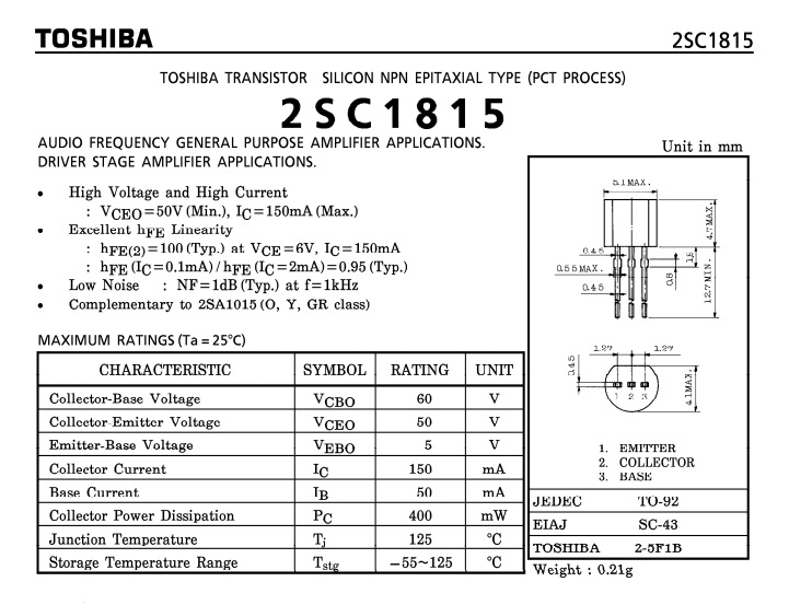 Toshiba 2SC1815GR (C1815 2SC1815) Транзистор TO-92 Оригинал Япония | Hi ...